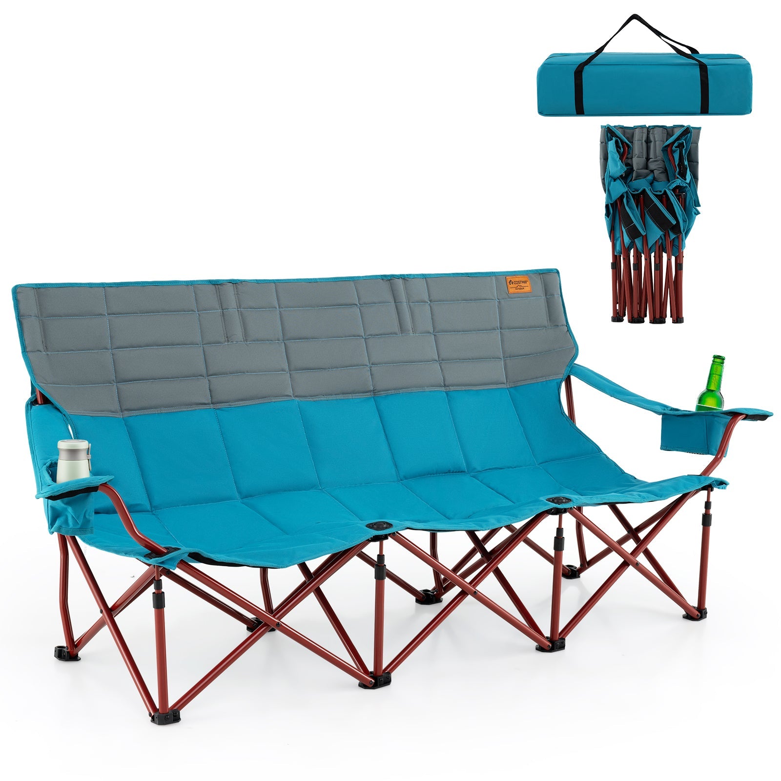 3 Person Folding Camping Chair with 2 Cup Holders Cotton Padding & Storage Bag-Blue
